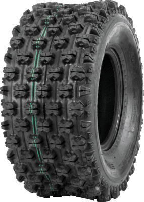A high-resolution studio product photograph of a QuadBoss QBT739 Series ATV tire in size 22x11-10, set against a clean white background. Displayed at a front-three-quarter angle, the wide rear sport/utility off-road tire features a knobby, non-directional tread design with spaced center blocks and reinforced shoulder lugs built for traction on hard-pack and loose terrain. Constructed with a 4-ply rated casing, the durable black rubber tire displays crisp embossed sidewall text including "QUADBOSS", "QBT739", and "22x11-10".