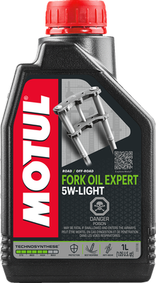 A high-resolution studio product photograph of a 1-liter bottle of Motul Fork Oil Expert Light in SAE 5W viscosity, set against a clean white background. Standing upright at a front-facing angle, the sleek black plastic container features side grip contours and a red twist-off cap. The distinct front label displays a dark panel featuring a motorcycle front fork diagram alongside the vertical white "MOTUL" logo set on a bold red banner, paired with bright green and white "FORK OIL EXPERT", "5W-LIGHT", "ROAD / OFF-ROAD", and "TECHNOSYNTHESE®" callouts.