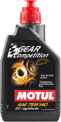 A high-resolution studio product photograph of a 1-liter bottle of Motul Gear Competition 100% Synthetic transmission oil in SAE 75W-140 viscosity, set against a clean white background. Standing upright at a front-facing angle, the sleek black plastic container features side grip contours and a red twist-off cap. The distinct front label displays a dark panel featuring a mechanical gear mechanism graphic alongside white and italicized "GEAR Competition" text, paired with yellow and white "Limited slip", "SAE 75W-140", "ESTER Core® Technology", and "1L" callouts above the white "MOTUL" logo set on a bold red banner.