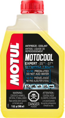 A high-resolution studio product photograph of a bottle of Motul Motocool Expert Ready-to-Use Coolant/Antifreeze, set against a clean white background. Standing upright at a front-facing angle, the translucent plastic container reveals the vibrant yellow-green fluid inside and features a red twist-off cap with an off-center pour spout handle design. The front label features a dark panel displaying a motorcycle engine block graphic alongside the vertical white "MOTUL" logo set on a bold red banner, paired with crisp white and cyan "READY TO USE COOLANT", "MOTOCOOL EXPERT", "HYBRID TECH", and "-37°C / -35°F" callouts.