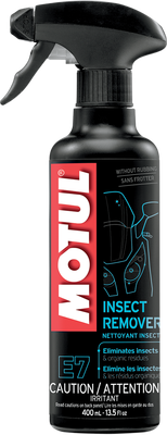 A high-resolution studio product photograph of a 13.5 U.S. fl. oz. (400 ml) spray bottle of Motul MC CARE E7 Insect Remover, set against a clean white background. Standing upright at a front-facing angle, the sleek black plastic bottle features an ergonomic black trigger spray nozzle assembly. The front label features a dark panel with a blue line-art graphic of a motorcycle fairing and windscreen alongside the vertical white "MOTUL" logo set on a bold red banner, paired with crisp white and cyan "MC CARE", "E7", "INSECT REMOVER", and "400 mL - 13.5 fl oz" callouts.