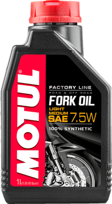 A high-resolution studio product photograph of a 1-liter bottle of Motul Light/Medium Factory Line Fork Oil in SAE 7.5W, set against a clean white background. Standing upright at a front-facing angle, the sleek black plastic container features side grip contours and a red twist-off cap. The distinct front label displays a dark panel featuring a motorcycle front fork and wheel graphic alongside the vertical white "MOTUL" logo set on a bold red banner, paired with crisp white and yellow "FACTORY LINE", "ROAD & OFF ROAD", "FORK OIL", "LIGHT MEDIUM", "SAE 7.5W", and "100% SYNTHETIC" callouts.