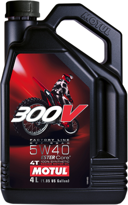 A high-resolution studio product photograph of a bulk 4-liter container of Motul 300V Factory Line Off Road 100% Synthetic 4T engine oil in 5W-40 viscosity, set against a clean white background. Standing upright at a front-facing angle, the heavy-duty matte black plastic jug features an ergonomic integrated top handle, side grip ridges, and a dark twist-off cap. The dynamic front label displays a dark red gradient background with a high-performance motocross graphic, bold white and red "300V", "FACTORY LINE", "OFF ROAD", "5W-40", "ESTER Core® TECHNOLOGY", and "4T MOTOR OIL" callouts directly above the prominent white "MOTUL" logo on a red banner. Formulated with 100% synthetic ESTER Core® technology, it is specifically engineered for four-stroke off-road, motocross, and enduro racing engines to maximize low-speed torque, deliver high shear stability under extreme shock loads, and ensure superior wet-clutch engagement and gearbox wear defense.
