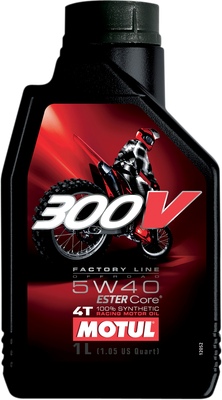 A high-resolution studio product photograph of a 1-liter bottle of Motul 300V Factory Line 100% Synthetic engine oil in SAE 5W-40 viscosity, set against a clean white background. Standing upright at a front-facing angle, the sleek black plastic container features side grip contours and a black twist-off cap. The distinct front label displays a dark panel featuring a dynamic motorcycle graphic alongside the iconic red and white "300V" branding, paired with bold white and red "FACTORY LINE", "5W-40", "ESTER Core®", and "100% SYNTHETIC 4T" callouts above the white "MOTUL" logo set on a red banner.