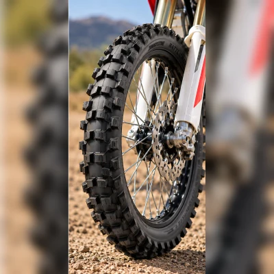 Bridgestone Battlecross X31-style front motocross tire mounted on a dirt bike with spoked wheel and disc brake