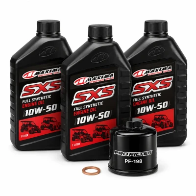 Maxima SXS full synthetic 10W-50 Polaris oil change kit with three oil bottles, ProFilter PF-198 and crush washer