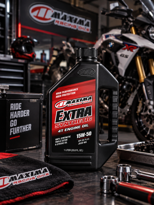 MAXIMA RACING OILS Extra 15W-50 synthetic 4T motorcycle engine oil 1L bottle in a professional motorcycle workshop