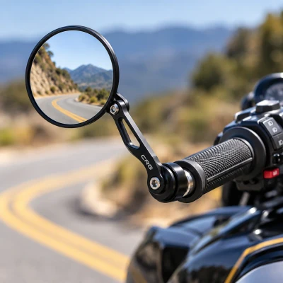 CRG Hindsight EXO LS round left mirror mounted on a motorcycle handlebar