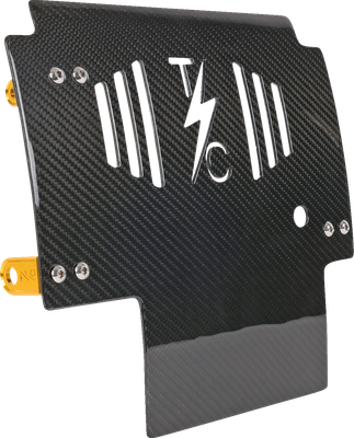 Thrashin Supply Co. glossy carbon-fiber motorcycle skid plate with gold mounting brackets TSC-3034-5