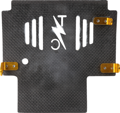 Thrashin Supply Co. glossy carbon-fiber motorcycle skid plate with gold mounting brackets TSC-3034-5