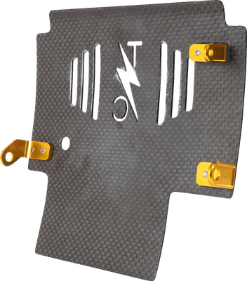 Thrashin Supply Co. glossy carbon-fiber motorcycle skid plate with gold mounting brackets TSC-3034-5