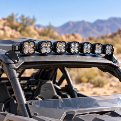 Baja Designs XL Linkable seven-pod roof bar installed on a Can-Am Maverick X3