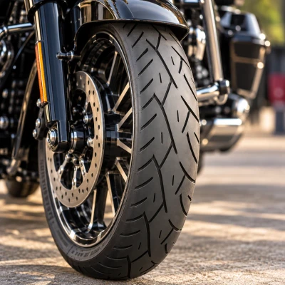 Dunlop AE2-style front motorcycle tire mounted on a cruiser motorcycle with disc brake