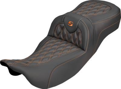 SADDLEMEN Extended Reach Roadsofa™ Carbon Fiber Seat - Lattice - Orange Stitch - Without Backrest - FL '08-'25 808-07B-20703
