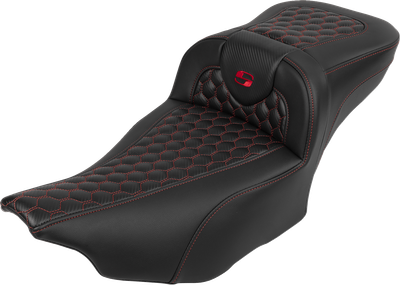 SADDLEMEN Roadsofa™ Extended Reach Seat - with Backrest - Honeycomb - Red Stitch - FLTR/FLHX '23-'24 823-07-190B4