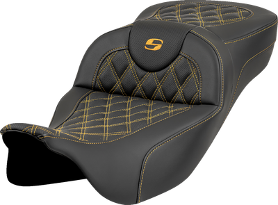 SADDLEMEN Roadsofa™ Extended Reach Seat - Lattice Stitch - Gold Stitch - without Backrest - FL '08-'23 808-07B-18407