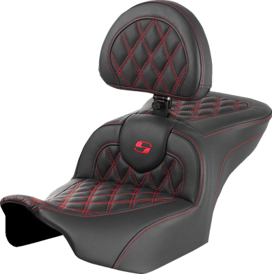 SADDLEMEN RoadSofa™ Seat - with Backrest - Lattice Stitch - Red Stitch - FLTR/FLHX '23-'24 823-07-182B4