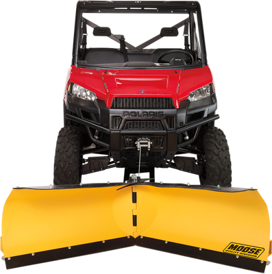 Moose yellow V-plow on a red UTV with both halves shown; this listing is the 72 in. right side 2718PF-R