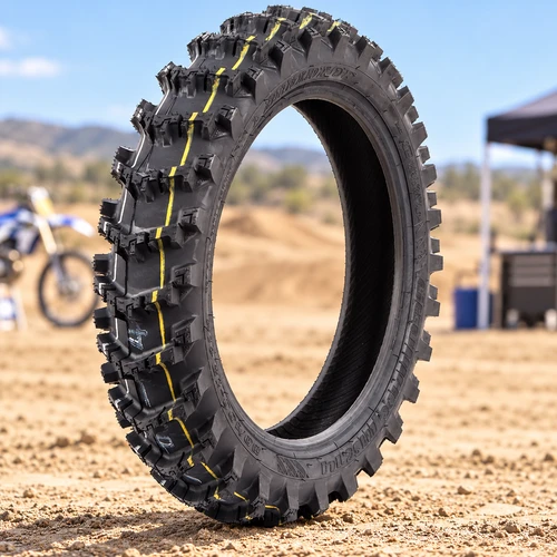 Dunlop Geomax MX14 rear tire pictured at a dirt track