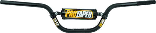 Front view of the anodized black ProTaper SE KLX/DRZ110 handlebar featuring a cold-forged crossbar, black bar pad with white lettering, and pre-fit end plugs on a white background.
