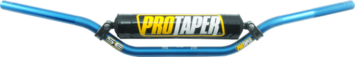 Front view photo of the anodized blue ProTaper SE CR High handlebar featuring a black cold-forged crossbar, black bar pad with white branding, and pre-fit plastic end plugs on a white backdrop.
