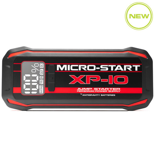 Front view photo of the rugged tactical black Antigravity Micro-Start XP-10-G2 power pack showcasing its lit digital status monitor screen, integrated LED lens, and side port configurations on a clean white backdrop.