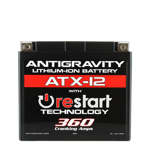 Antigravity Batteries ATX12-RS lithium RE-START engine starting battery built inside a heavy-duty matte-black YTX12 OEM size case envelope layout, highlighting its distinct top-mounted 4-terminal block setup and casing reset button, shown next to its accompanying wireless remote keyfob and hardware bolts against a clean white backdrop.