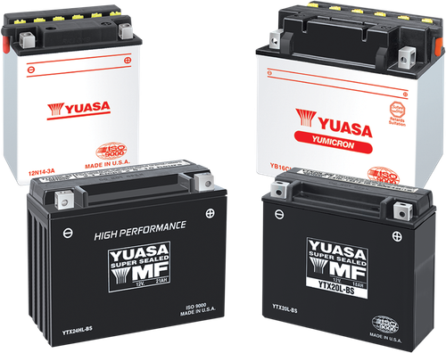 Yuasa YTX20HL-BS-PW YUAM620BH-PW maintenance-free marine AGM battery showing its rugged black poly-propylene casing with a black top layout, featuring flush-mounted lead terminal blocks with left-side positive and right-side negative orientation, displayed next to its un-opened 0.93-liter clear plastic electrolyte acid pack and stainless steel marine mounting bolts on a plain white backdrop.