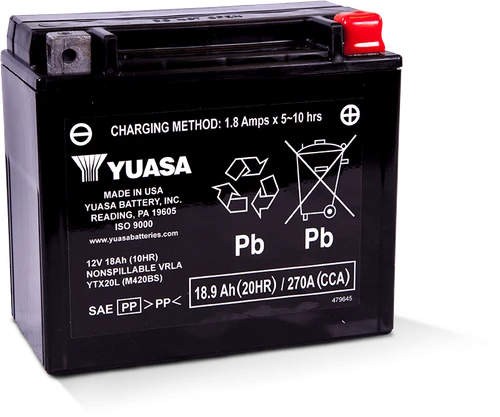 Yuasa YTX20L YUAM420BS maintenance-free AGM 12-volt factory activated battery displaying heavy-duty black case construction and top terminals isolated on a plain background.