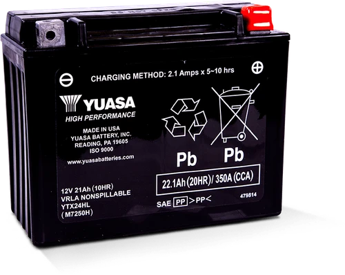 Yuasa YTX24HL YUAM7250H high-performance maintenance-free AGM 12-volt battery showing heavy-duty black casing and top terminal terminals isolated against a solid white studio background.