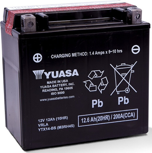 Yuasa YTX14-BS maintenance-free black AGM motorcycle battery with included electrolyte fluid bottle.