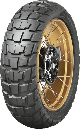 A high-resolution studio product photograph of the Dunlop Trailmax Raid rear motorcycle tire in 170/60R17 72T sizing, set against a clean white background. Mounted on a metallic silver rim and standing vertically at a three-quarter perspective, the wide rear tire showcases its rugged 50/50 dual-sport adventure profile engineered for modern large-displacement adventure touring motorcycles. It features aggressive blocky tread lugs with deep grooves and structural tie-bar bridging to maximize traction in mud, gravel, and loose dirt while delivering exceptional high-speed stability on paved highways, built with a high-silica compound for enhanced wet braking performance, completed by clean sidewall styling across its durable matte black radial construction.