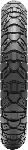A high-resolution studio product photograph of the Dunlop Trailmax Mission front motorcycle tire in 120/70B19 60T sizing, set against a clean white background. Mounted on a metallic silver rim alongside a matching wide rear tire at a three-quarter perspective, the tire showcases its heavy-duty 50/50 dual-sport adventure profile engineered for modern large-displacement adventure touring motorcycles. It features aggressive, deep-grooved tread blocks with staggered step-down lugs to deliver optimal bite in dirt, gravel, and sand while providing precise steering response, low pattern noise, and long tread life on paved highways, finished with distinct shoulder wrap elements and embossed "TRAILMAX MISSION" branding along its durable matte black bias-belted casing.