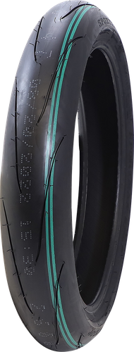 A high-resolution studio product photograph of the Dunlop Sportmax Q5 front motorcycle tire in 120/70ZR17 58(W) sizing, set against a clean white background. Mounted on a metallic silver rim and positioned standing vertically at a three-quarter perspective, the tire showcases its track-focused hypersport profile engineered for high-performance sportbikes, track days, and aggressive cornering. It features minimal, sleek tread grooves designed to maximize the rubber contact patch at extreme lean angles, paired with Dunlop's race-derived carbon compound technology for rapid warm-up times and maximum edge grip, completed by clean embossed "SPORTMAX Q5" sidewall branding along its matte black rubber casing.