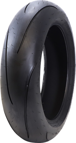 A high-resolution studio product photograph of the Dunlop Sportmax Q5 rear motorcycle tire in 190/55ZR17 75(W) sizing, set against a clean white background. Mounted on a metallic silver rim and positioned standing vertically at a three-quarter perspective, the tire showcases its track-focused hyper-sport profile engineered for high-performance sportbikes, track days, and aggressive cornering. It features minimal, sleek tread grooves designed to maximize the contact patch at extreme lean angles, paired with Dunlop's race-derived carbon compound technology for rapid warm-up times and exceptional dry road grip, completed by clean embossed "SPORTMAX Q5" sidewall branding along its matte black rubber casing.