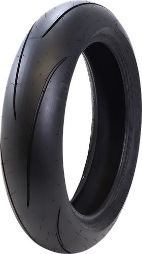 A high-resolution studio product photograph of the Dunlop Sportmax Q5 rear motorcycle tire in 180/60ZR17 75(W) sizing, set against a clean white background. Mounted on a metallic silver rim and positioned standing vertically at a three-quarter perspective, the tire showcases its track-focused hyper-sport tread geometry engineered for aggressive cornering, track days, and high-speed stability. It features minimal, sleek tread grooves optimized to maximize the rubber contact patch at full lean angles, paired with Dunlop's race-derived carbon compound technology for rapid warm-up times and maximum edge grip, completed by clean embossed "SPORTMAX Q5" sidewall branding along its matte black rubber casing.
