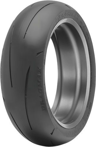 A high-resolution studio product photograph of the Dunlop Dragmax rear motorcycle tire in 190/50ZR17 73(W) sizing, isolated against a solid white background. The tire is shown standing upright at a three-quarter perspective to showcase its specialized, drag-racing-oriented radial profile. Purpose-engineered for maximum straight-line acceleration and launch traction, the tire features an ultra-soft compound, a wide and flat contact patch, minimalist directional siping along the shoulders to maximize rubber-to-track contact, and crisp embossed "DRAGMAX" script along its matte black rubber sidewall.