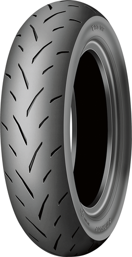 A studio product photograph of the Dunlop TT93 GP Pro rear mini-moto/scooter racing tire in 120/80-12 55J sizing, isolated against a white studio background. Mounted on a rim alongside its front counterpart, the tire is shown at a three-quarter perspective to highlight its high-grip, semi-slick tread layout. The design features a high-dispersion silica compound with streamlined directional tread grooves extending from center to shoulder, maximizing contact patch area and edge grip for aggressive cornering and track performance on mini-road racing motorcycles and sport scooters.