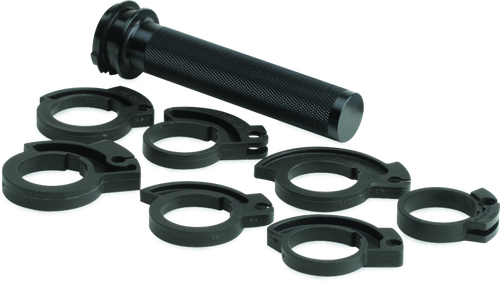 A high-resolution studio product photograph of the ProTaper Micro Throttle Tube Kit, displayed against a clean white background. Arranged in a flat-lay kit layout, the package features a precision CNC-machined two-piece aluminum throttle tube specifically scaled down to fit the reduced-diameter grip section of ProTaper Micro Handlebars. The assembly includes seven interchangeable snap-on throttle cams designed to accommodate virtually all 2-stroke mini off-road motorcycles 85cc and under, along with durable mounting hardware engineered to give youth riders superior throttle modulation, enhanced control, and reduced hand fatigue.