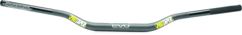 A high-resolution studio product photograph of the ProTaper EVO Steering Damper Low Handlebar in a sleek matte black finish, set against a clean white background. Displayed from a front perspective angle, the handlebar features an unbraced, tapered 1-1/8-inch clamp section constructed from premium 4mm-wall 7000-series aluminum alloy. Engineered specifically with a low-profile 69mm height to compensate for the added bar-mount height of under-bar sub-mount steering dampers, it delivers optimal rider posture, improved impact-absorbing flex, chemical-resistant graphics, and knurled clutch-side tubing to prevent grip rotation.