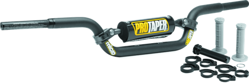 A high-resolution studio product photograph of the ProTaper Micro KTM 50 Handlebar (Part Number 025038), set against a clean white background. Displayed from a front-facing studio angle, the handlebar is precision-engineered from high-strength 2000-series aluminum with a durable anodized finish. Specifically tailored for youth riders on KTM 50cc models, it features ProTaper's specialized reduced-diameter tubing at the grip sections to accommodate smaller hands for superior control, while maintaining a standard 7/8-inch clamp diameter at the center mount.