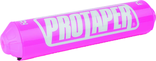 A high-resolution studio product photograph of a ProTaper Fuzion Bar Pad in Race Pink, set against a clean white background. Displayed at a front-three-quarter angle, the cylindrical high-density molded foam pad features a glossy bright pink vinyl cover, bold black "PROTAPER" block logo graphics printed across the front, sleek black molded end caps, and subtle black "FUZION" branding on the side, designed specifically for ProTaper Fuzion crossbar handlebars.