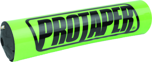 A high-resolution studio product photograph of a ProTaper 10-inch Round Bar Pad in Race Green, set against a clean white background. Displayed at a front-three-quarter angle, the full-size 10-inch cylindrical high-density molded foam pad features a glossy bright green vinyl cover, bold white "PROTAPER" block logo graphics printed across the front, and durable black molded end caps designed for full-size crossbar handlebars.