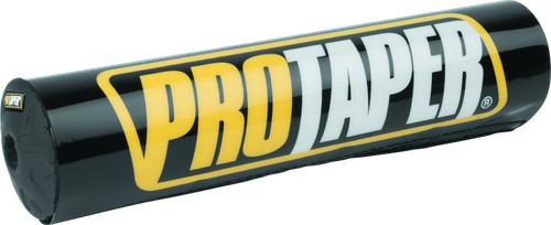 A high-resolution studio product photograph of a ProTaper Molded 8-inch Round Bar Pad in Black, set against a clean white background. Displayed at a front-three-quarter angle, the compact 8-inch cylindrical high-density molded foam pad features a glossy black vinyl cover, bold yellow and white "PROTAPER" block logo graphics enclosed in a yellow border across the front, and durable black molded end caps designed for mini-bikes and crossbar-equipped handlebars.