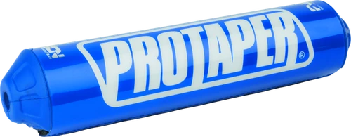 A high-resolution studio product photograph of a ProTaper Fuzion Bar Pad in Race Blue, set against a clean white background. Displayed at a front-three-quarter angle, the cylindrical high-density molded foam pad features a glossy vibrant blue vinyl cover, bold white "PROTAPER" block logo graphics printed across the front, blue molded end caps, and subtle white "FUZION" branding on the side, designed specifically for ProTaper Fuzion crossbar handlebars.