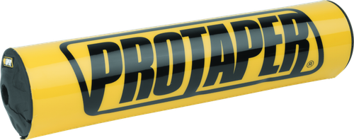 A high-resolution studio product photograph of a ProTaper Molded 8-inch Round Bar Pad in Race Yellow, set against a clean white background. Displayed at a front-three-quarter angle, the cylindrical high-density molded foam handlebar pad features a glossy bright yellow vinyl cover, bold black "PROTAPER" block logo graphics printed across the front, and black molded end caps designed to fit traditional crossbar-equipped handlebars.