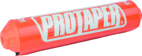 A high-resolution studio product photograph of a ProTaper Fuzion Bar Pad in Race Orange, set against a clean white background. Displayed at a front-three-quarter angle, the cylindrical high-density molded foam pad features a glossy bright orange vinyl cover, bold black "PROTAPER" block logo graphics printed across the front, black molded end caps, and subtle black "FUZION" branding on the side, designed specifically for ProTaper Fuzion crossbar handlebars.