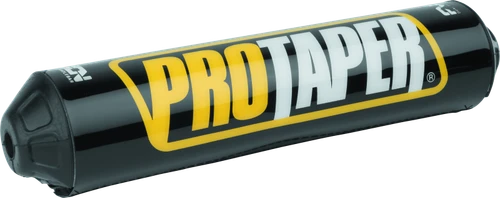 A high-resolution studio product photograph of a ProTaper Fuzion Bar Pad in Black, set against a clean white background. Displayed at a front-three-quarter angle, the cylindrical high-density molded foam pad features a sleek black vinyl cover, bold yellow and white "PROTAPER" block logo graphics printed across the front, subtle white "FUZION" branding on the side, and durable black molded end caps designed specifically for ProTaper Fuzion crossbar handlebars.