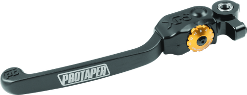A high-resolution studio product photograph of a ProTaper XPS Profile Pro Clutch Lever designed for 2018–2022 KTM and Husqvarna hydraulic models, set against a clean white background. Displayed at a front-three-quarter angle, the hard-anodized black aluminum clutch lever features ProTaper's multi-directional folding Cross-Pivot System (XPS) joint, a gold-anodized reach-adjuster dial, and precision hydraulic master-cylinder mounting hardware.