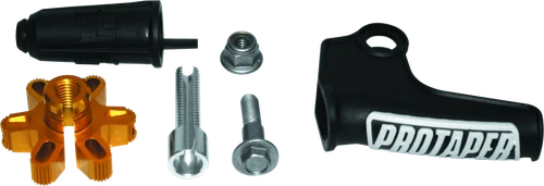 A high-resolution studio product photograph of a ProTaper Profile Perch Parts Kit, laid out on a clean white background. The overhaul kit includes a gold-anodized star quick-adjust wheel, a silver threaded cable adjuster bolt with locknut, primary pivot hardware, a black rubber cable adjuster boot, and a fitted molded rubber perch cover featuring the white ProTaper logo.